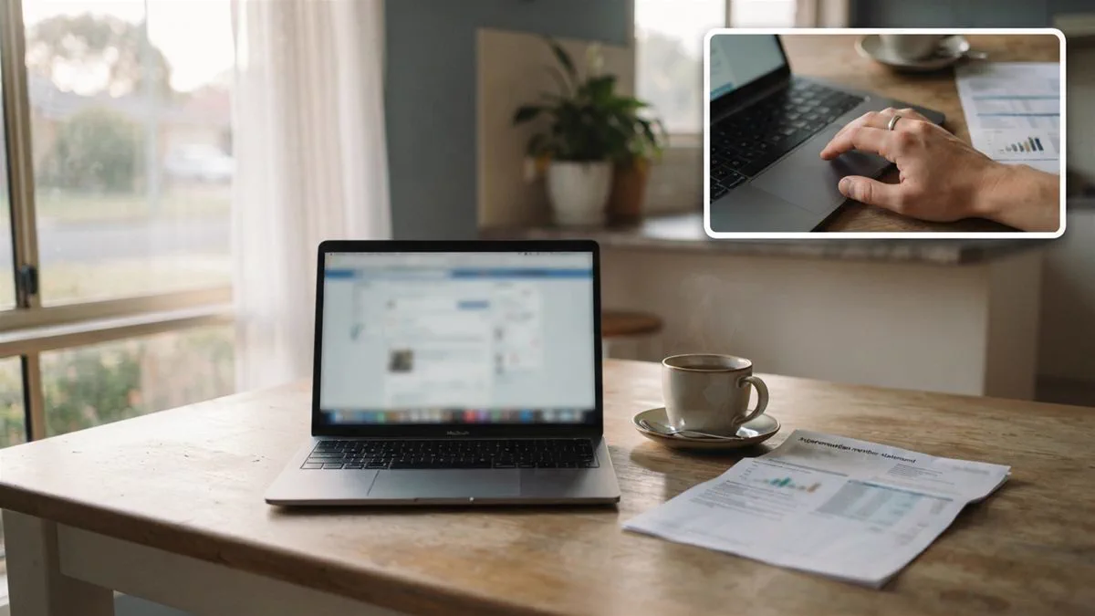 A laptop, a member statement and a cup of tea on a kitchen table.